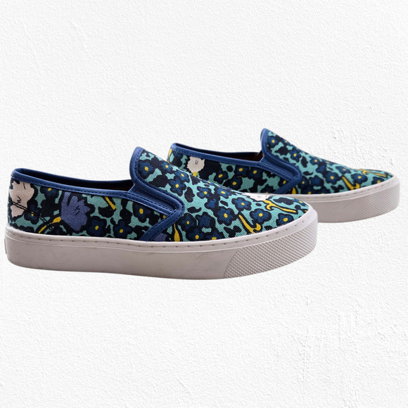 Coach Cameron Blue Green Yellow Floral Canvas Casual Slip-On Sneakers Size 7 - Picture 1 of 10